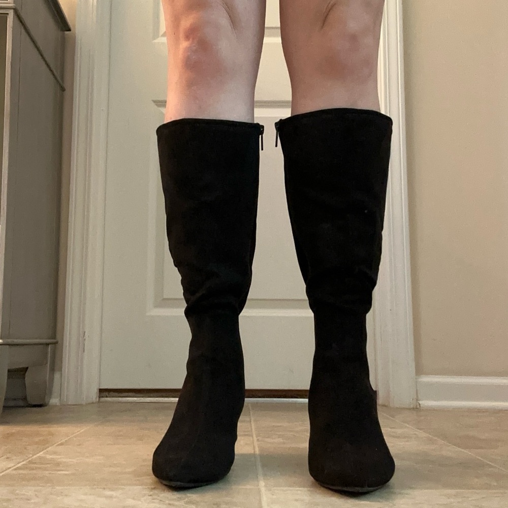 BRAND NEW black suede tall black boots. Size 9.5 wide black boots. Wide calf.